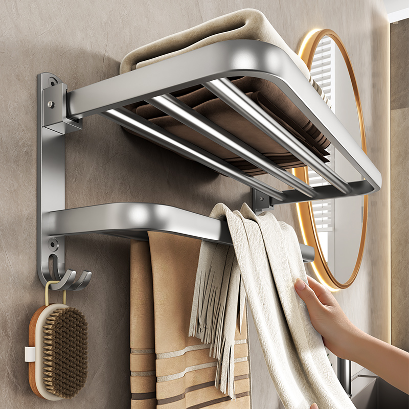 毛巾架卫生间免打孔浴室置物架厕所壁挂式洗手间浴巾架子一体挂架