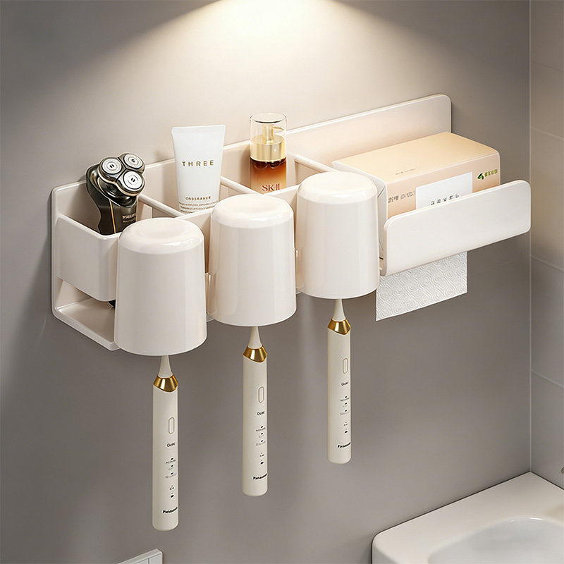 奶油白牙刷架子浴室洗漱洗手台免打孔洗脸纸巾架漱口刷牙杯置物架